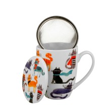 Taza porcelana fina tisanera con filtro y tapa Gatos estilosos