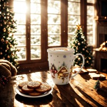 Taza infusión con filtro y tapa tisanera porcelana Pueblo Navideño