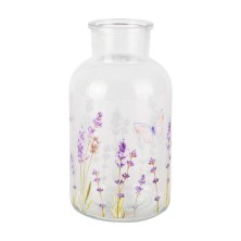 Florero de cristal con decoración de lavanda.