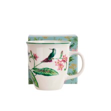 Taza XXL de porcelana tropical 650 ml con hojas y pájaro