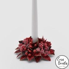 Corona navideña para velas con poinsettia y bayas escarchadas 13cm