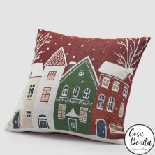 Cojín navideño rojo con casas nevadas 45x45cm
