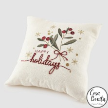 Cojín navideño blanco con acebo Happy Holidays 45x45cm