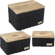 Caja de almacenamiento rectangular tela negro con tapa madera grande 35x26x21cm