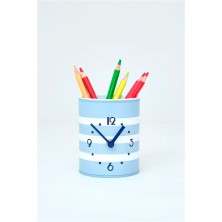 lapicero con reloj decorativo forma de lata azul marino y blanca